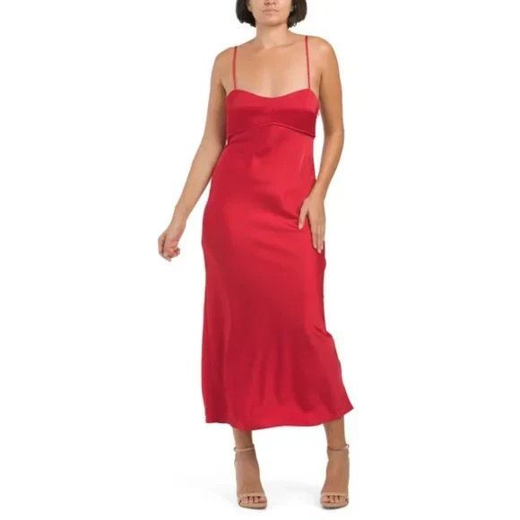 WAYF Red Empire Waist Satin Slip Midi Dress Party Cocktail NWT - Picture 1 of 14